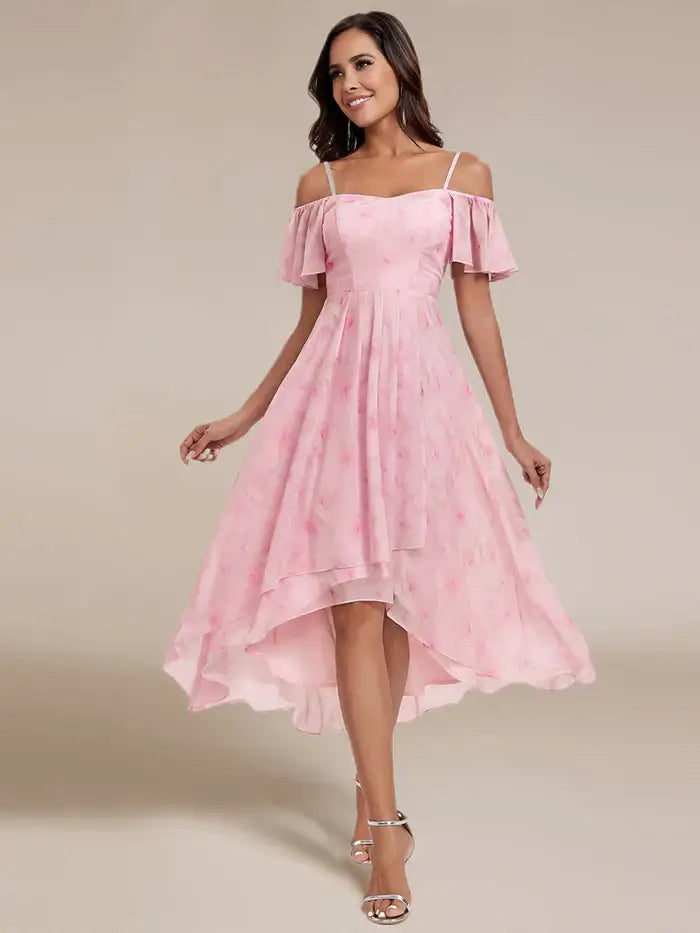Desiree Tea Length Pink Floral Stock Dress