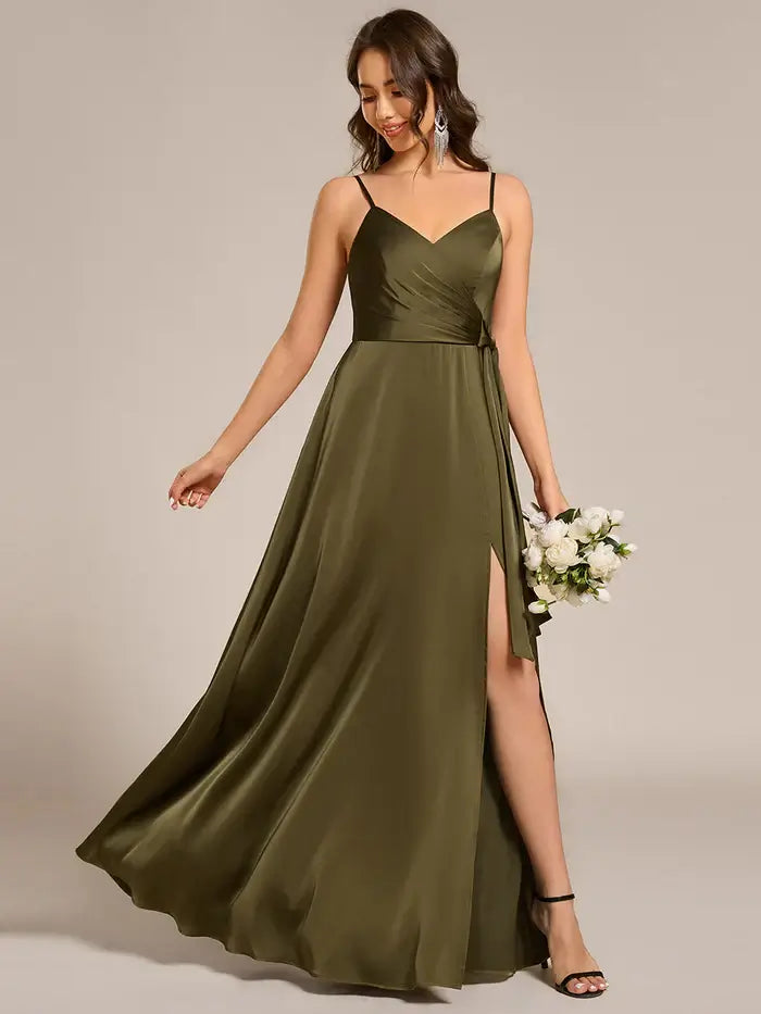 juniper bridesmaid dress Juniper V Neck Short Sleeves Slit Long Chiffon Bridesmaid Dresses, Olive Green main image 0