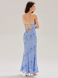 Abigail Dress Sky Blue - Order In back view showing lace-up design and floral detailing in a full-length bodycon silhouette.