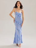 Abigail Dress Sky Blue - Order In featuring a bodycon floral design with a straight neckline and lace-up back.