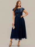 Navy Blue Bridesmaid Dress | Navy Blue  Mother of the Bride Dress | Navy Blue Mother of the Groom Dress | Aisha Navy Blue Tea Length Stock Dress 