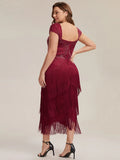 Harper Dress Burgundy - Order In, 1920's style flapper dress with cap sleeves and fringe detail, tea length silhouette.