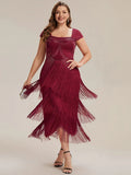 Harper Dress Burgundy - Order In, a flapper-style dress with cap sleeves and fringe detail, perfect for 1920's themed events.