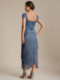 Harper Dress Dusky Blue - Order In, back view showcasing flapper style and fringed detail, tea length design.