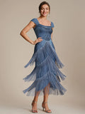 Harper Dress Dusky Blue - Order In, 1920's flapper style with cap sleeves and tea length, featuring fringe detail.