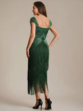 Harper Dress Forest Green - Order In, back view of flapper dress with fringe details and cap sleeves.