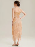 Harper Tea Length Dress Gold - Order In, 1920's style flapper dress with cap sleeves and fringed details, seen from the back.