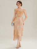 Harper Tea Length Dress Gold - Order In, 1920's style flapper dress with cap sleeves and fringe details.