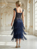 Harper Dress Navy Blue - Order In showcasing the elegant back view of a cap sleeve flapper style dress with fringe, tea length.