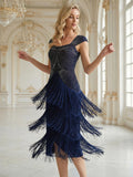 Harper Dress Navy Blue - Order In, a 1920's flapper dress with cap sleeves and fringe detail.