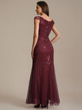 Karena Dress Burgundy - Order In, showcasing cap sleeves and intricate sequins, fitted silhouette from the back view.