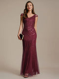 Karena Dress Burgundy - Order In featuring cap sleeves and sequins, fitted to the thighs, elegant evening gown.