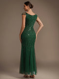 Karena Dress Forest Green - Order In showcasing the elegant back view with sequins and cap sleeves.