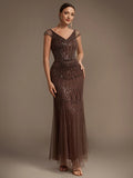 Karena Dress Milk Chocolate - Order In, cap sleeve, sequined, fitted to thighs, elegant dress for special occasions.
