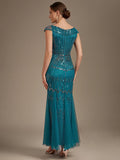 Karena Floor Length Dress Teal - Order In, showcasing back view with cap sleeves and sequined design.