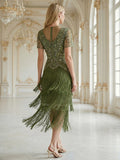 Roxy Knee Length Dress Moss - Order In featuring a detailed flapper style with sequins and fringe in green.