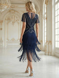 Roxy Dress Navy Blue - Order In, flapper style back view with sequins and fringe, elegant knee-length design.