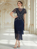 Roxy Dress Navy Blue - Order In, flapper style dress with sequins and fringe, knee length, short sleeve, perfect for vintage events.