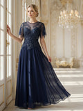 Whitney Dress Navy Blue - Order In, short sleeve dress with sequined top and chiffon skirt, suitable for Mother of the Bride or Groom.