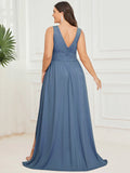 dusky blue bridesmaid dress with split