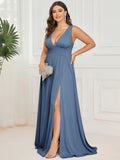 dusky blue bridesmaid dress with split