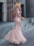 mauve formal dress with tulle overlay and leaf design
