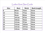 Ladies Vest Size Guide with measurements for bust, waist, and back length for sizes 8 to 24. Hawker Silver Ladies Made to Order Vest