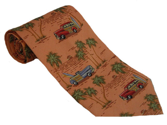 Cars Tie | Vintage Cars | Surfing Tie | Surfy Tie | Silk Tie | Orange Tie